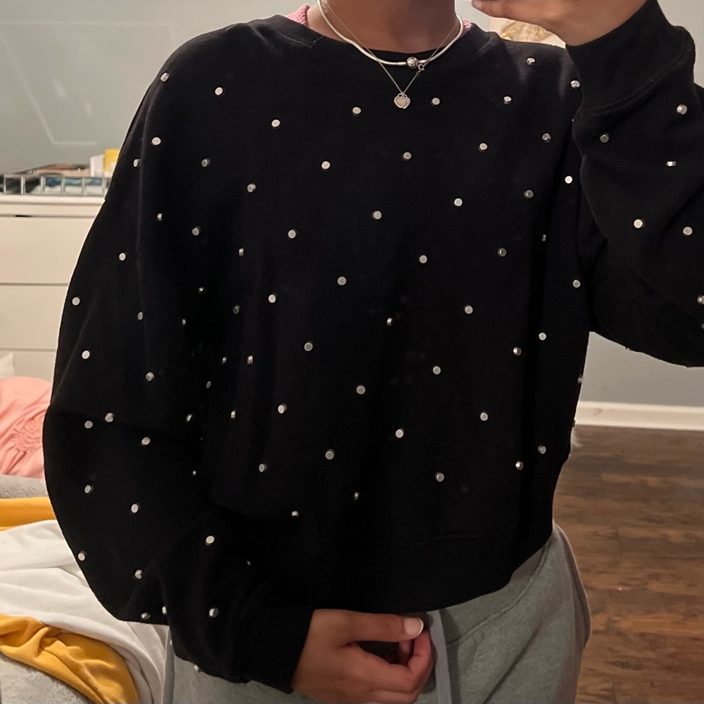 Metal Beaded Long Sleeve Crop Top Sweater